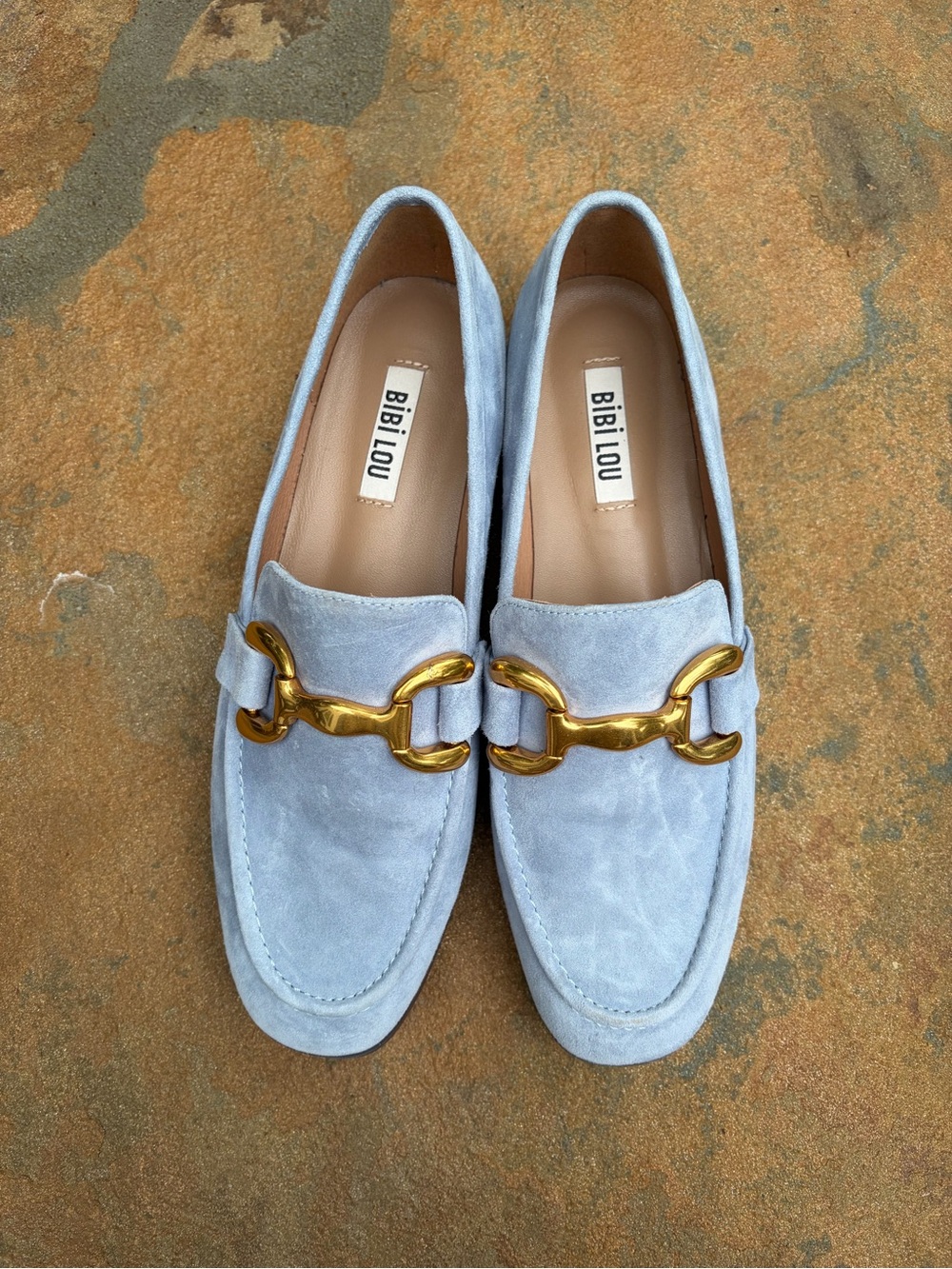 Bibi Lou Light Blue Suede Loafers with Gold Hardware